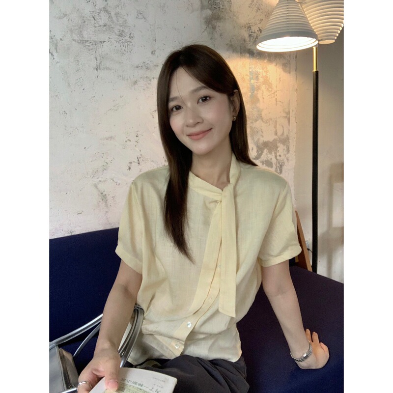 【Miss Missijia】Simple and Elegant Collared Tie-Neck Breathable Linen Waist-Cinching Slimming Blouse for Women 22821 【Miss Missijia】Simple and Elegant Collared Tie-Neck Breathable Linen Waist-Cinching Slimming Blouse for Women 22821