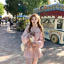女童拼接蝴蝶结格纹连帽外套短裙套装中大童春秋新款纯色群套装潮