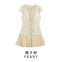 速卖通跨境外贸欧美女装2025夏季新款粗纺拼压褶气质圆领连衣裙