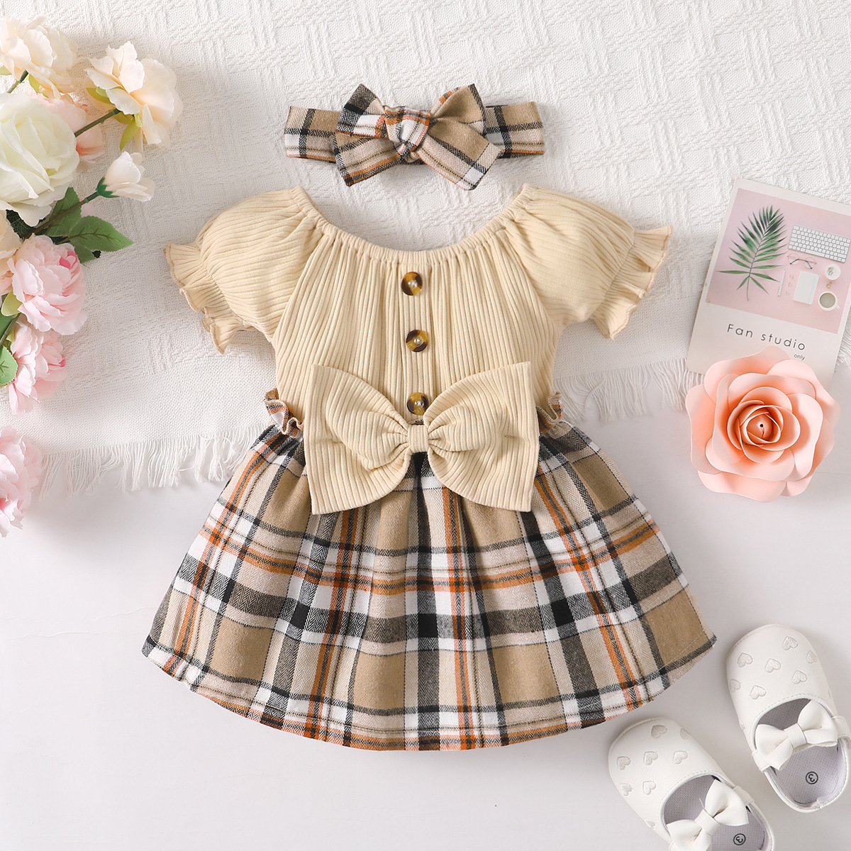 Apricot Striped Checkered Dress