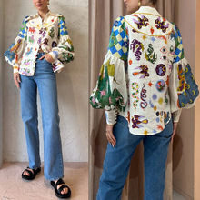 跨境独立站亚马逊新款欧美2023新款秋装棉麻印花长袖开衫衬衫女