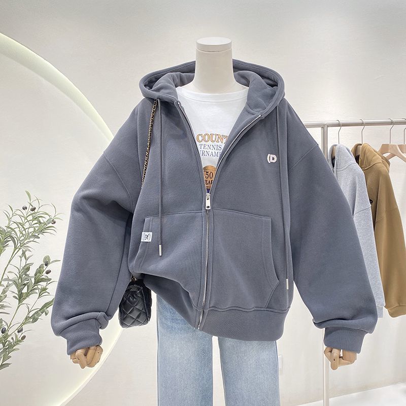 加绒加厚连帽卫衣女秋冬简约百搭宽松休闲oversize拉链开衫外套潮|undefined