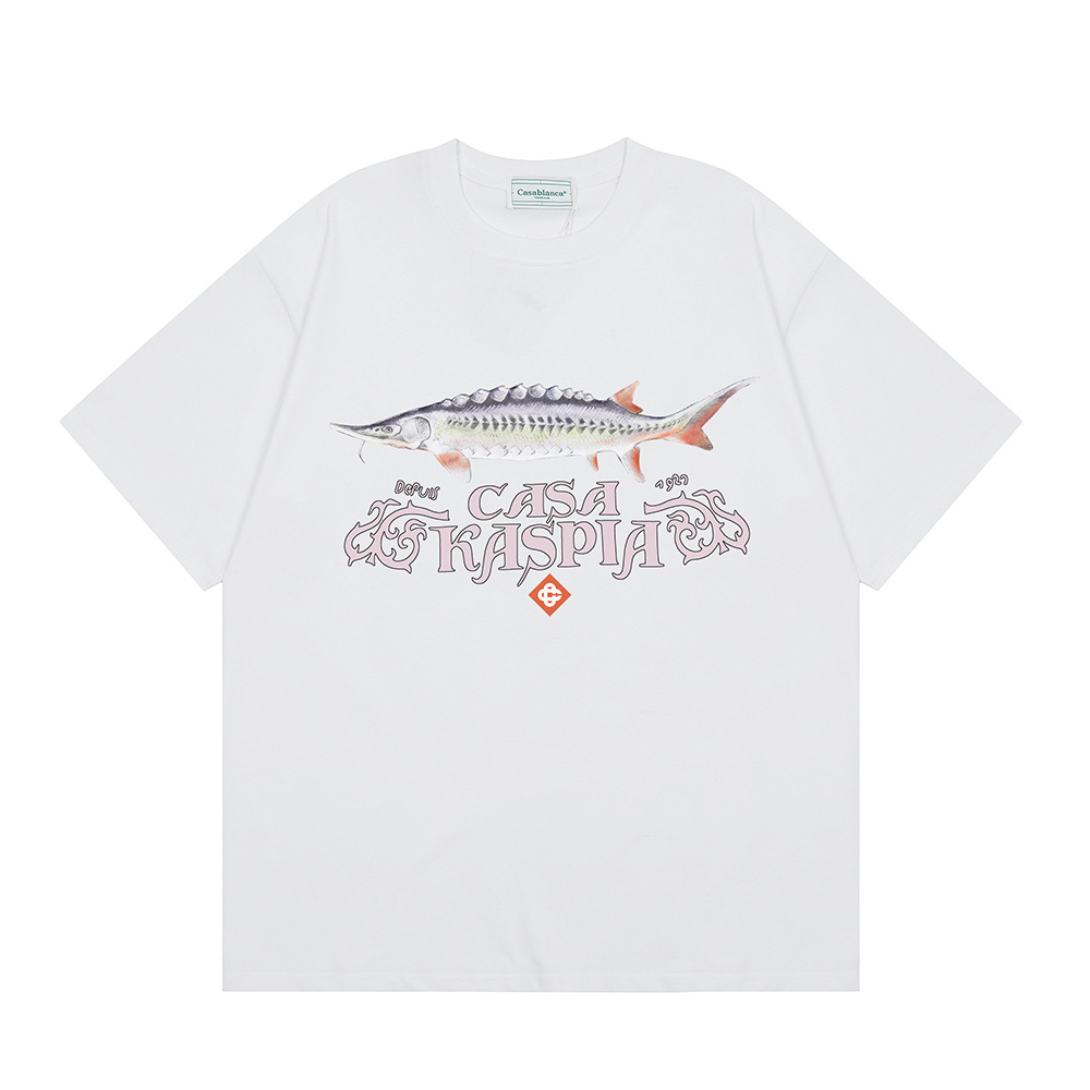 Transfronterizo 2024 primavera y verano nuevo estilo Casablanca Casablanca LOGO estampado hombres y mujeres camiseta suelta de manga corta