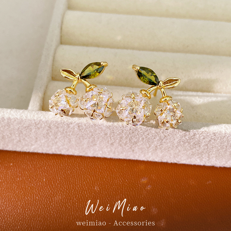 14K oro real plateado aguja de cereza de piedra de silicio temperamento delicado pendientes de orejas diarios lujo ligero de alta sensación de orejas image 4