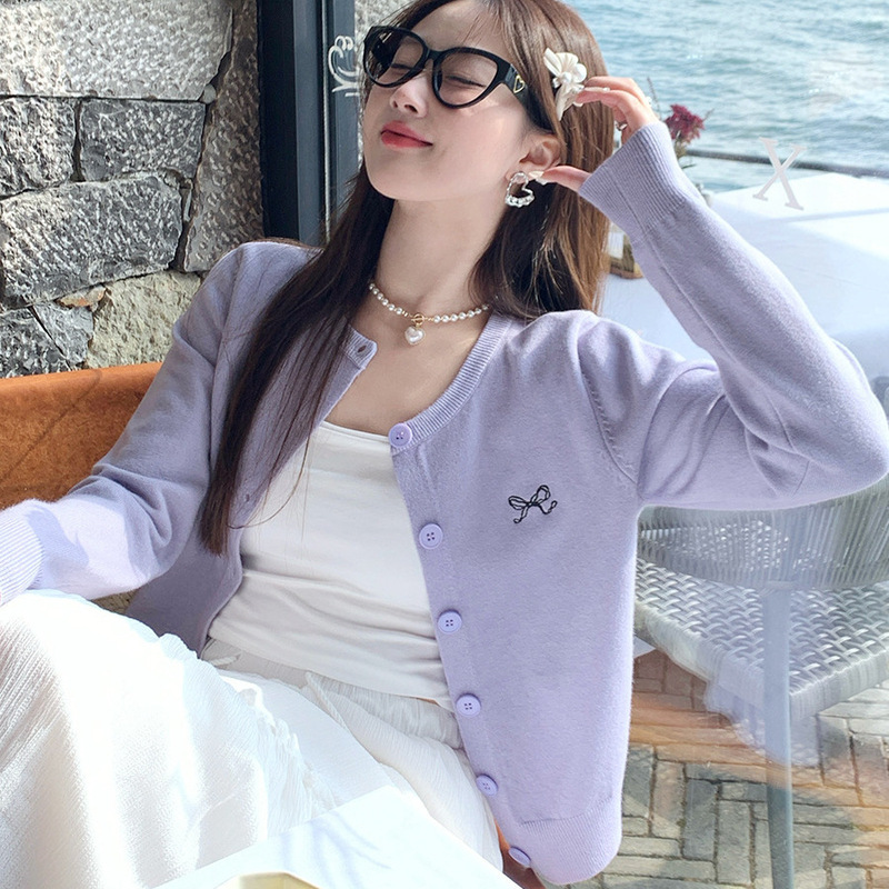 紫色毛针织开衫外套女2025新款外搭刺绣蝴蝶结独特针织毛衣上衣女|undefined