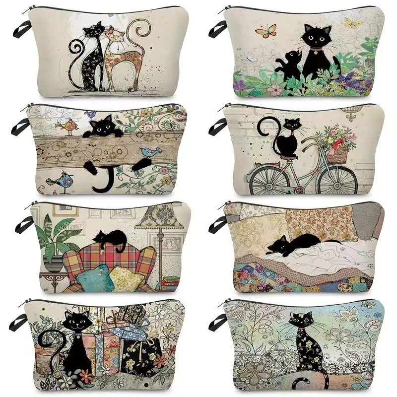 Cross-border Amazon Women's Cosmetic Bag Vintage Cat Creative Cosmetic Bag Storage Bag Linen Waterproof Zipper Bag