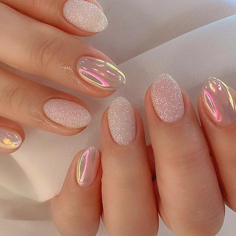Cross-Border 24-Piece Set of Short Oval Almond-Shaped False Nails, Aurora Glitter Design Wearable Nail Tips Wholesale Cross-Border 24-Piece Set of Short Oval Almond-Shaped False Nails, Aurora Glitter Design Wearable Nail Tips Wholesale