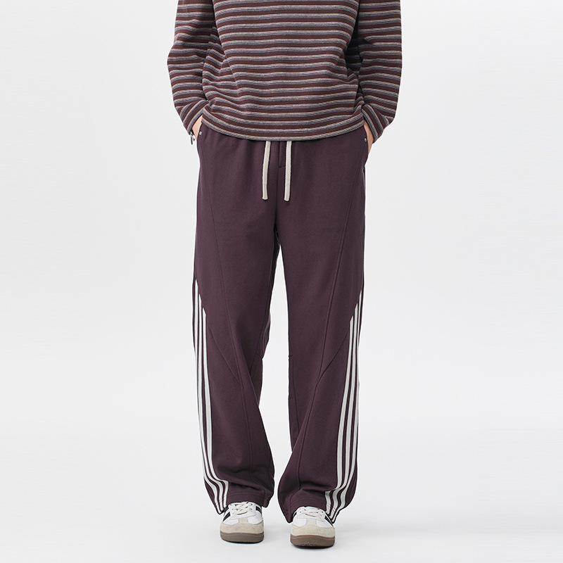 Pantalones a rayas americanos de alta calle para hombres 2025 otoño recto de tendencia cilíndrico de diseño deportivo relajado pantalones casuales de niebla púrpura image 3