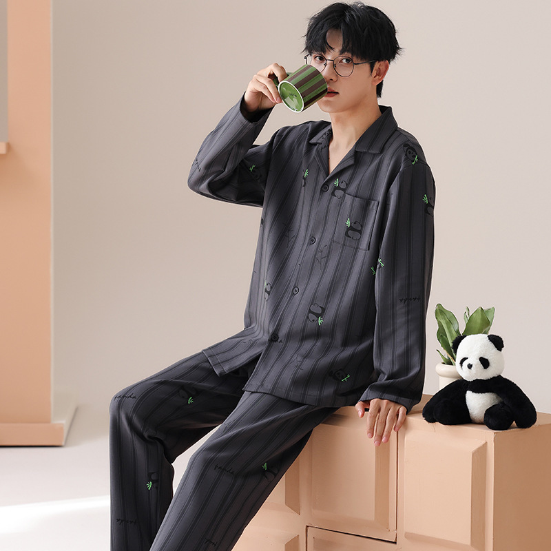 [Pure Cotton] Men's Pajamas Spring and Autumn Long Sleeve Cartoon Casual Loose Home Clothes Autumn and Winter suit Internet Red Style