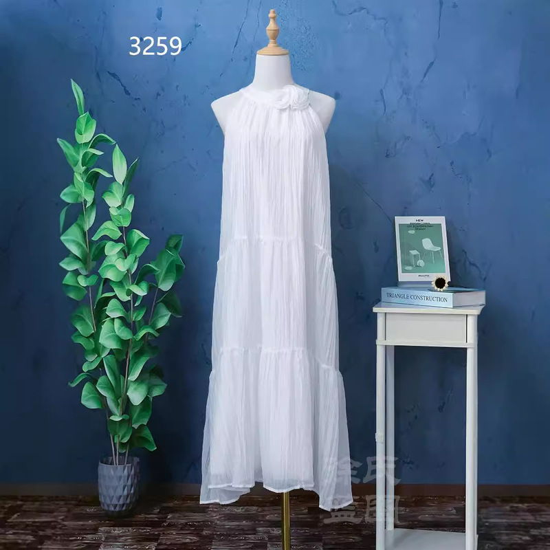 Tie-Dye White Halterneck Dress, White Long Skirt, Rose Flower Loose Sleeveless Skirt, Light and Elegant Skirt