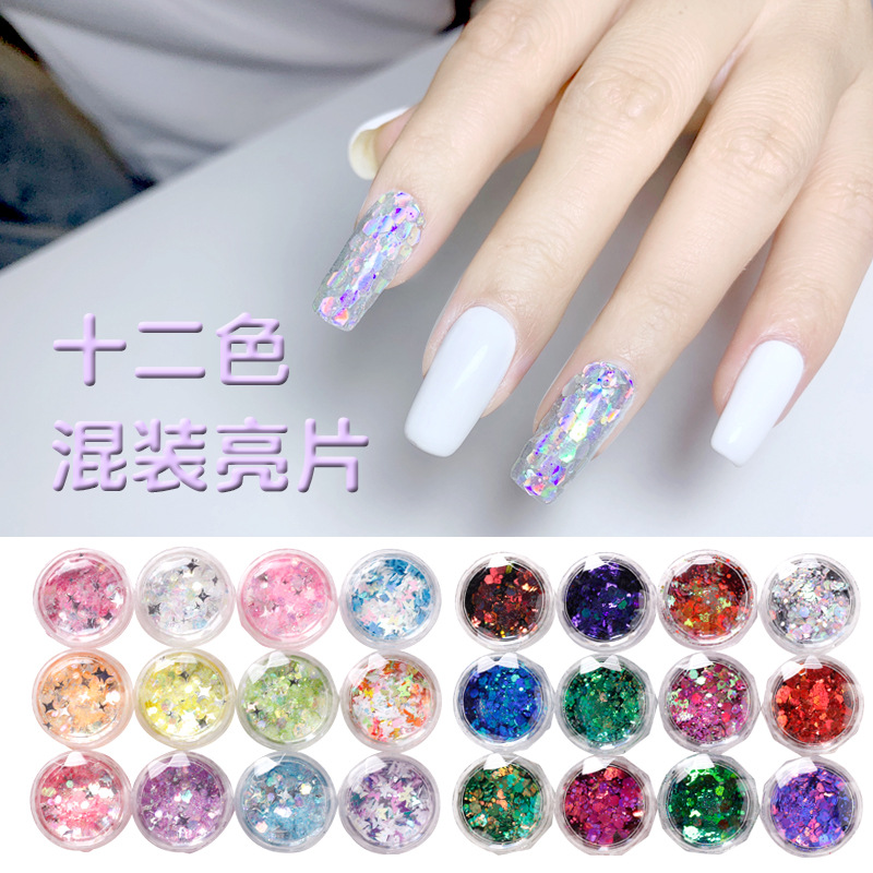 Brillo de uñas polvo tamaño mezclado brillo sirena JI lentejuelas de uñas estrella de cuatro ángulos mezclado flash Corea del Sur grandes lentejuelas gradiente