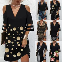 AliExpress EBAY Европейское и американское летнее новое платье с V-образным вырезом и цветочным сетчатым швом с пятью рукавами