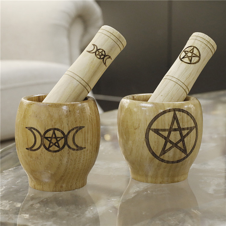 新款 原木雕刻五芒星 三相月女神 木质捣药器 捣药罐祭坛摆件 图 1