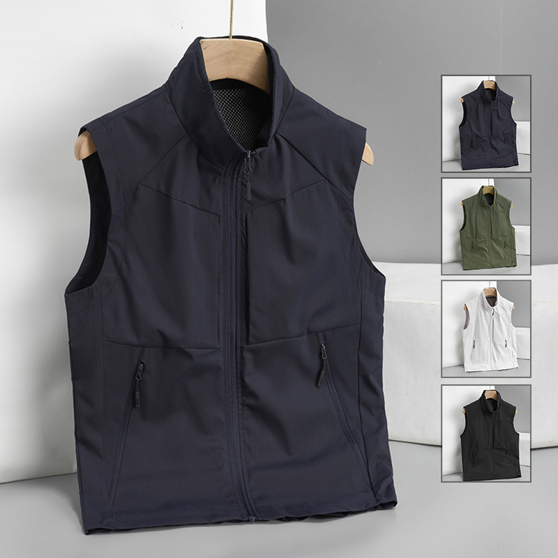 Outdoor Vest for Men, Spring and Autumn, Sleeveless Stand-Up Collar Jacket, Breathable Casual Fishing Photography Sports Vest