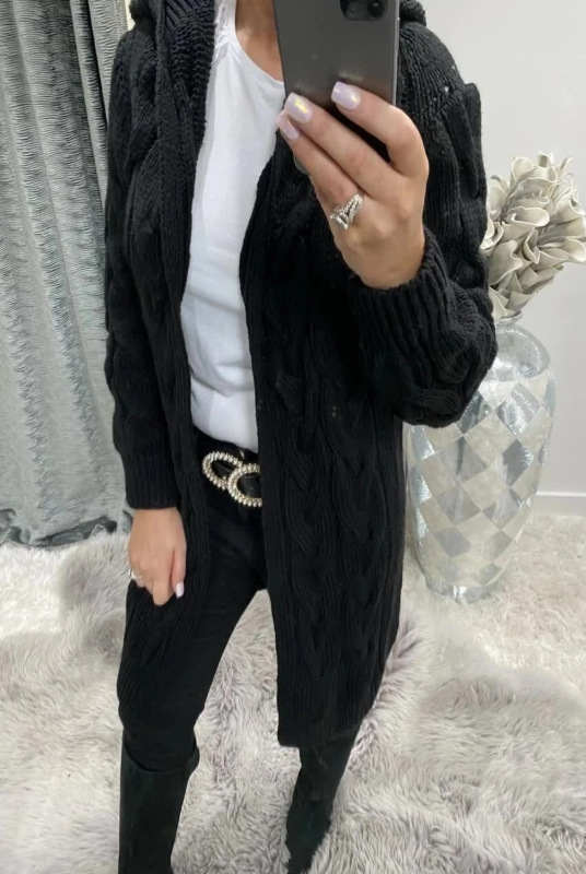 欧美亚马逊长款连帽针织开衫毛衣跨境绞花长袖纯色针织衫外套女|undefined