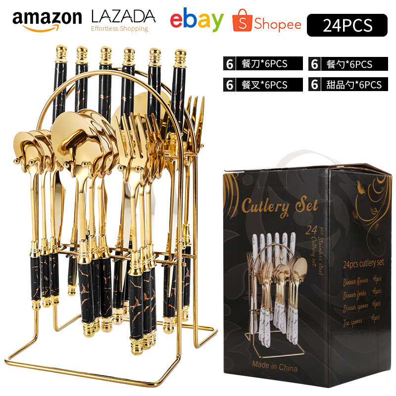 Amazon mango de cerámica transfronteriza mármol cuchillo y tenedor cuchara cuatro partes principales de acero inoxidable 24 piezas de caja de regalo