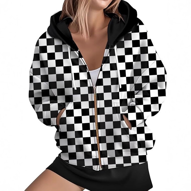Women's Front Zipper Sweatshirt Plaid Hoodie Autumn Jacket Long Sleeve Casual Versatile Drawstring Top Trendy Brand