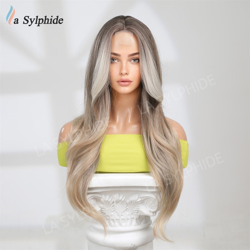 Wigs Amazon export hot sale synthetic frontal lace brown gradient long straight hair for women