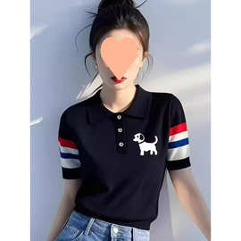 法式撞色条纹polo领短袖T恤女夏季2025新款别致减龄显瘦气质上衣