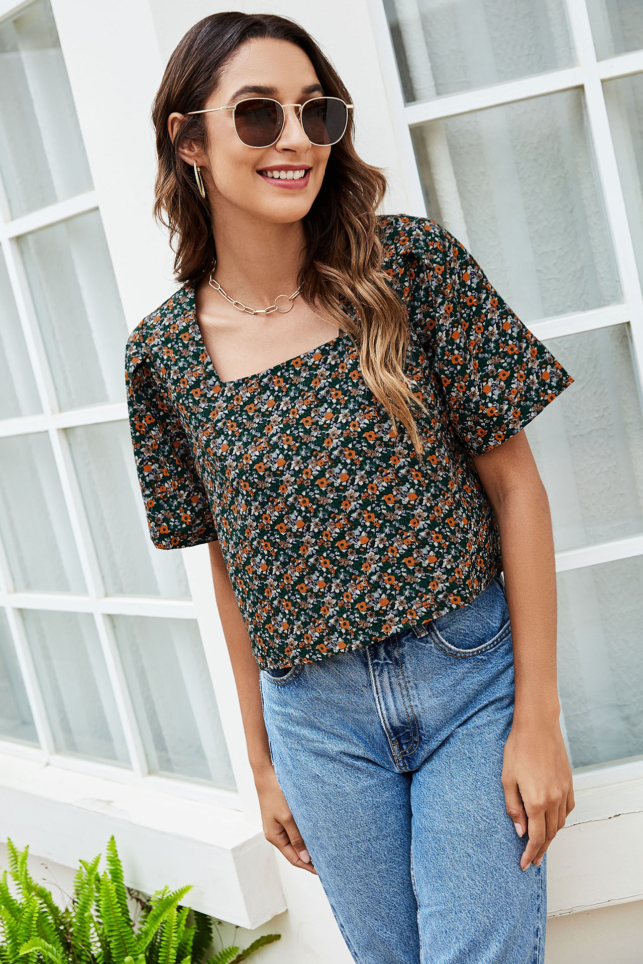 Summer short-sleeved loose print square collar T-shirt NSLM61222