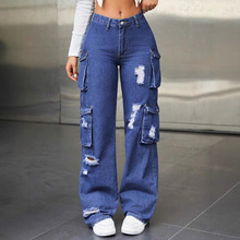 出口阔腿牛仔长裤女Cargojeansavailable女士多口袋工装裤舒适
