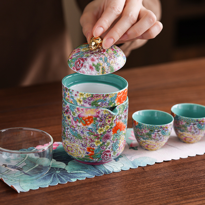 携帯バッグ旅行茶器セット一本三杯ガラス快客杯陶磁器工夫ティーポット熱くないコップ|undefined