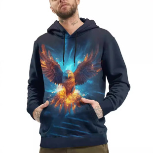 2024 Hot Flame Eagle 3D Digital Printing Men's Street All-match Loose European Size Patch Bag Hooded Sweat