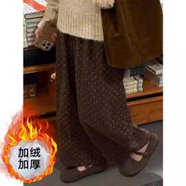 大码300斤胖妹妹波点灯芯绒休闲裤女秋冬加绒加厚宽松韩版阔腿裤
