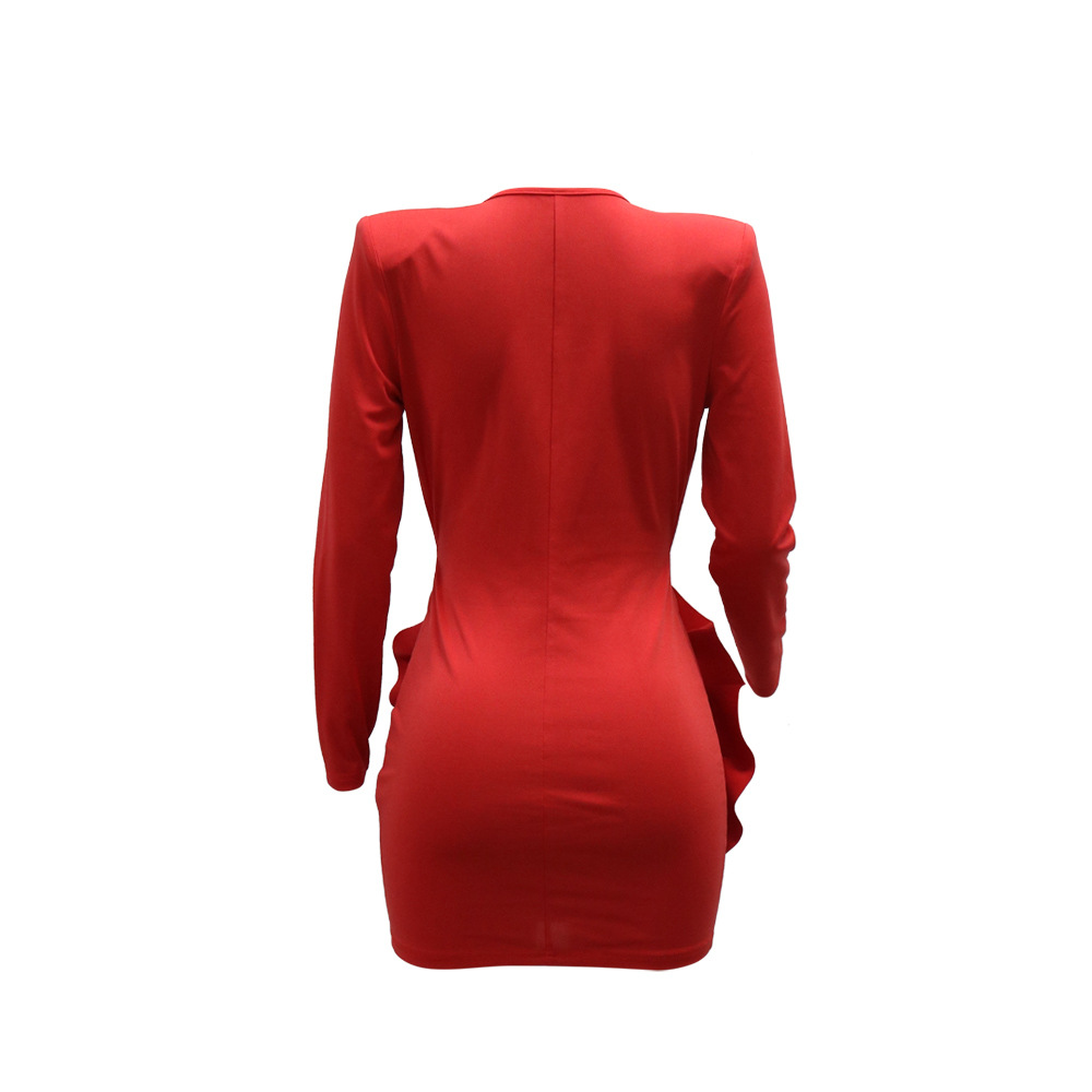 Women Sexy V neck Solid Color Dress Sheath Long Sleeve Short Dress Evening Dress