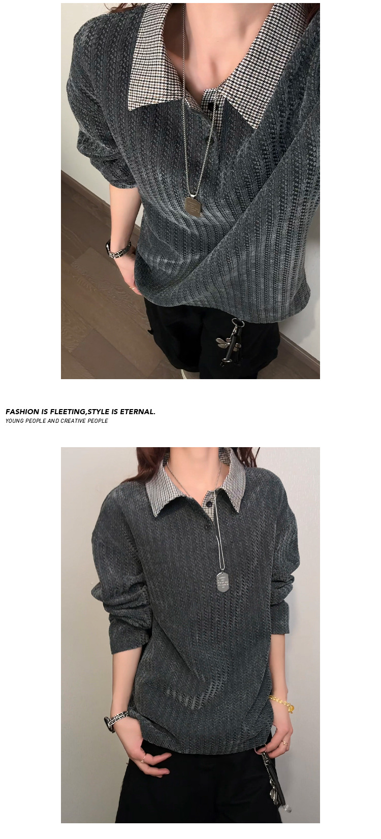 Herrtröja med lång ärm och polokrage i fiskbensmönster_voghion.com