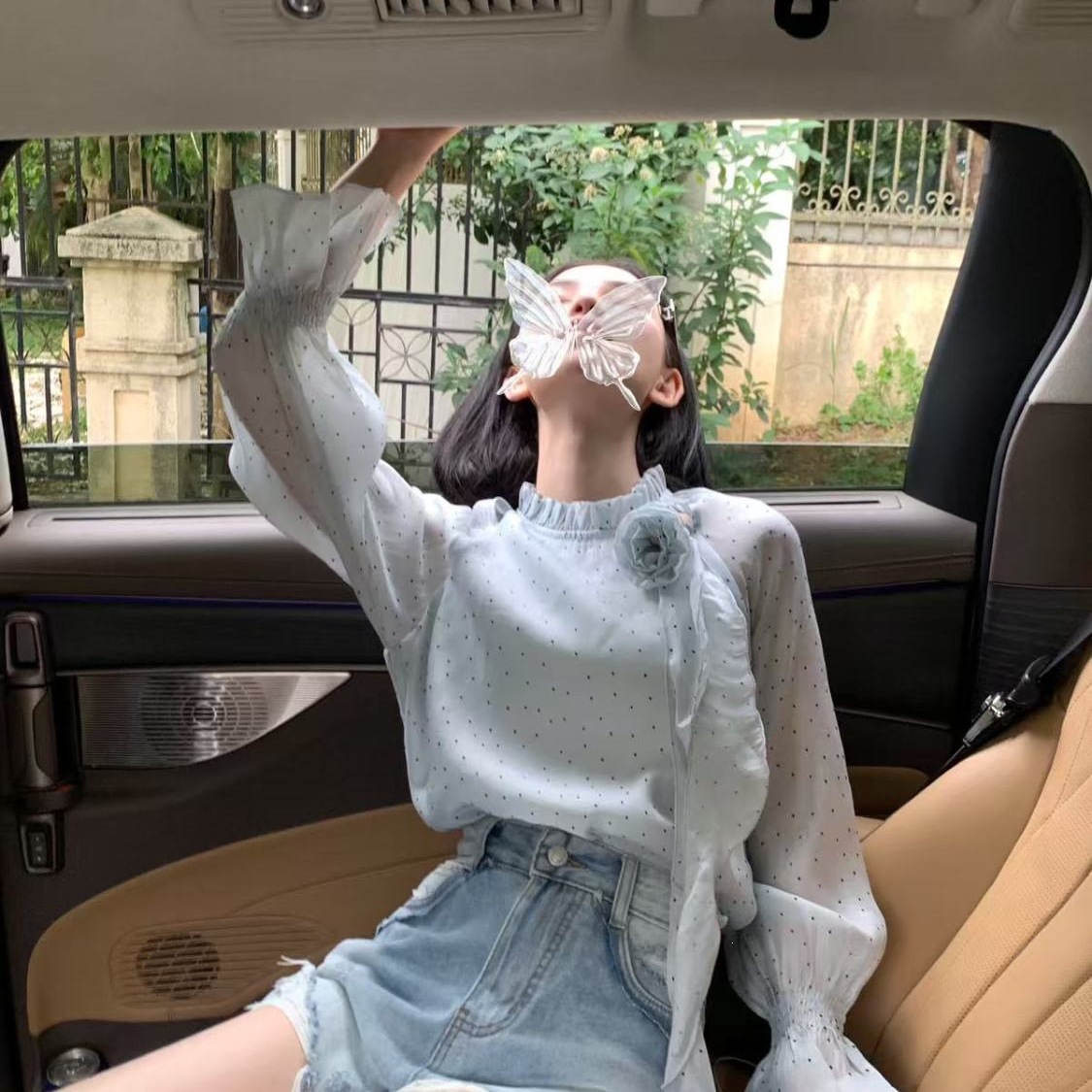 法式甜美减龄波点长袖衬衫女2026优雅露肩设计感飘带小衫韩9511