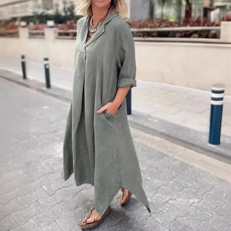 Ebya Amazon Women's Long-Sleeved Dress Loose Plus-Size Shirt Bohemian Ankle-Length Versatile Elegant Workwear