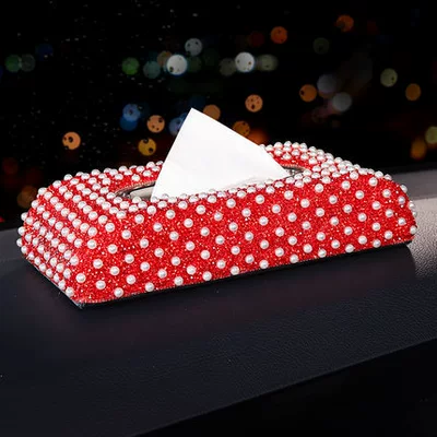 Diamond-studded pearl car napkin holder, Car tissue box/set - pearl-tissue-box-red