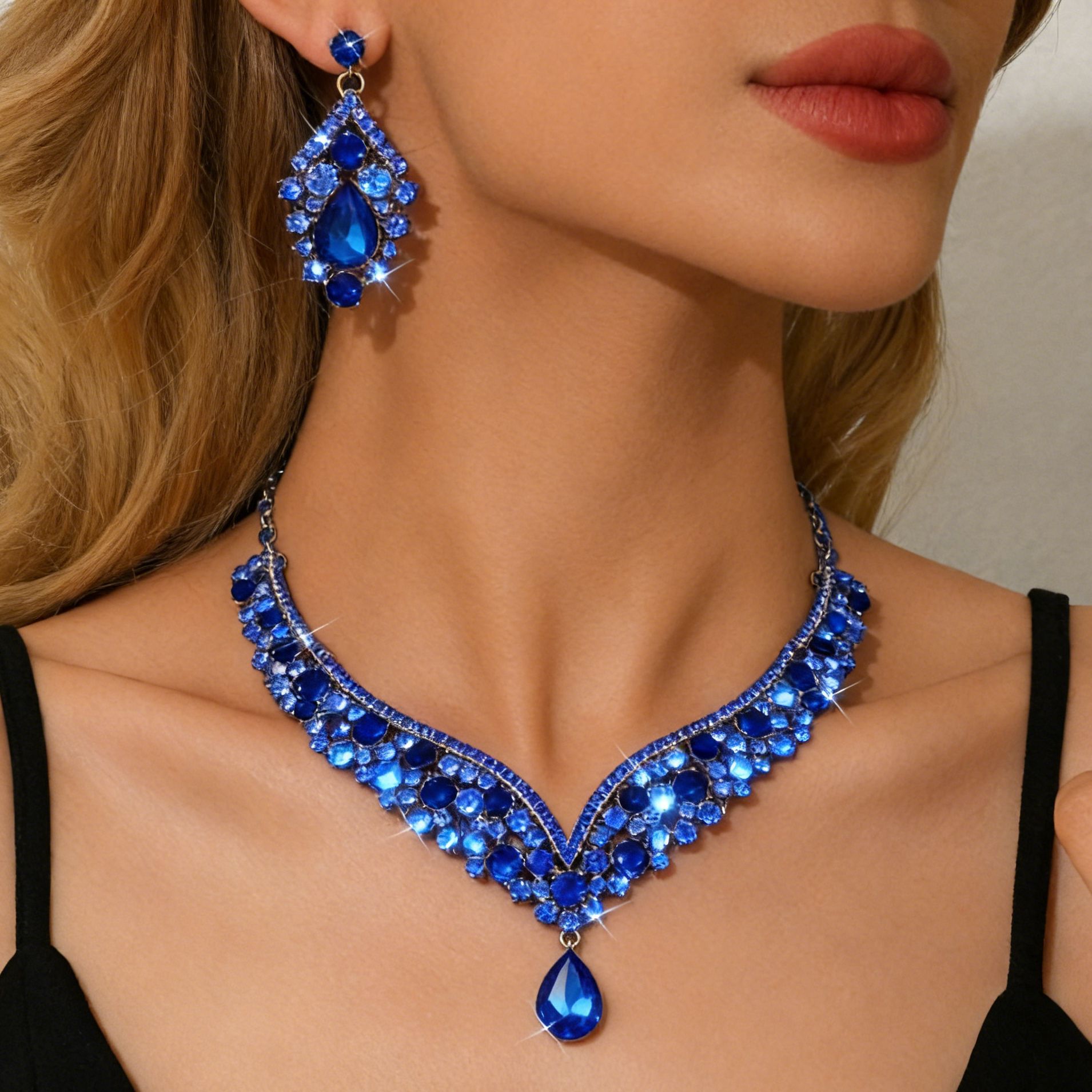 Conjunto de joyería de diamante transfronterizo, collar europeo y americano, pendientes de dos piezas, joyería de diamante de lujo de alto nivel.