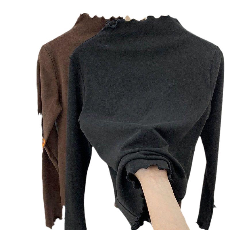 2024 가을과 겨울 새로운 양면 벨벳 나무 귀 긴 소매 바닥 여성 기모 따뜻한 세미 하이 칼라 탑 T