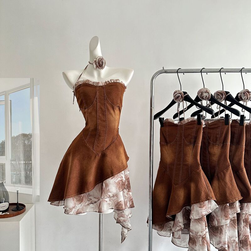 "Xinxing" Mountain and Sea Rich Cocoa French Romantic Summer New Design Sense Denim Strapless dress Women