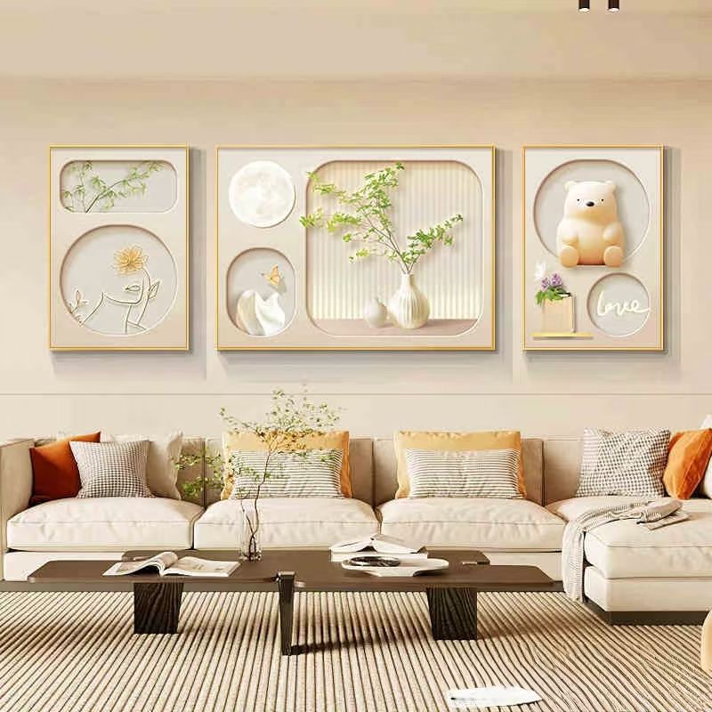 H7J奶油简约烤瓷水晶有框三联卡通壁画客厅餐厅现代温馨