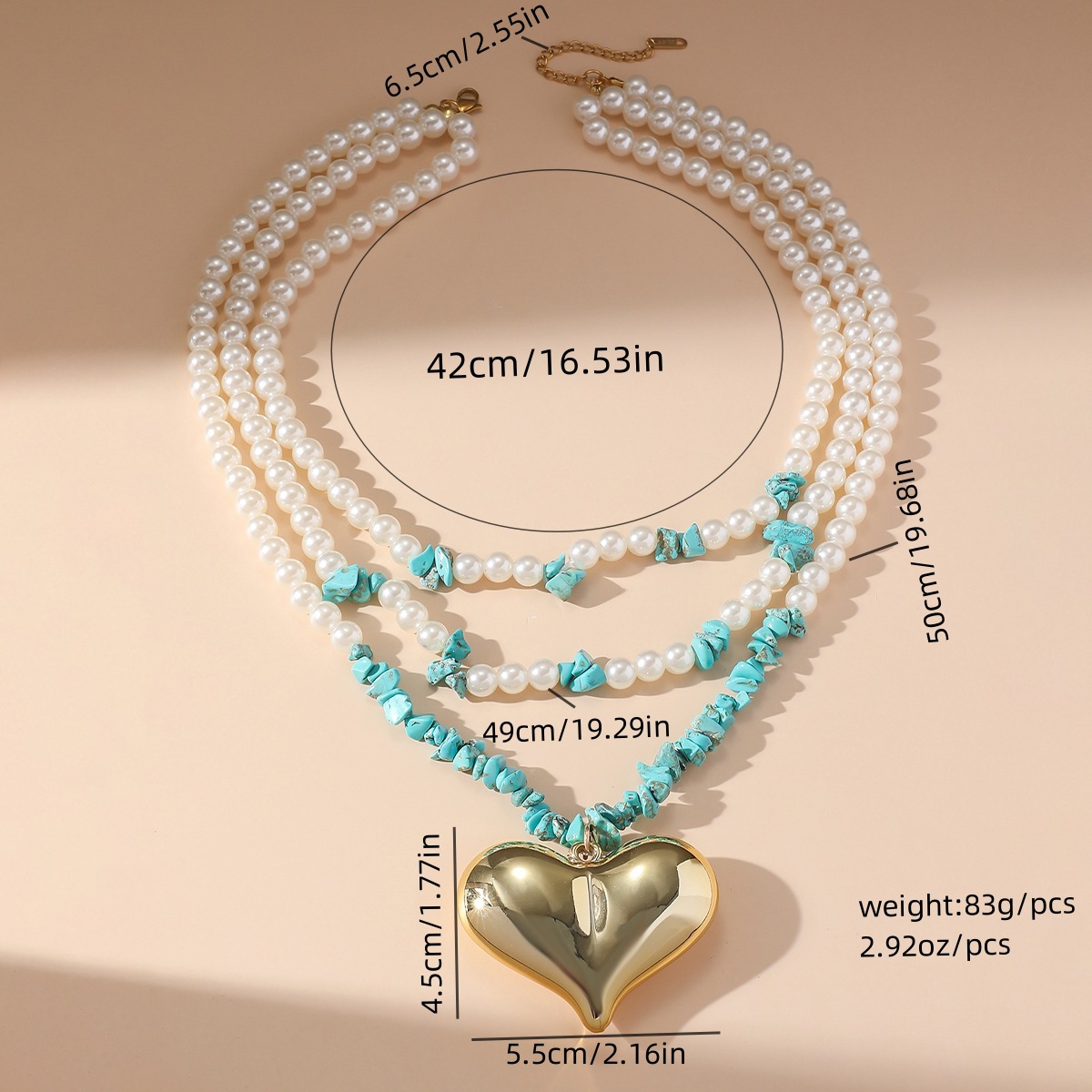 Exaggerated Beach Heart Shape CCB Imitation Pearl Turquoise Beaded Chain Lobster Trigger Clasp Closure Layered Necklaces Wholesale display picture 2