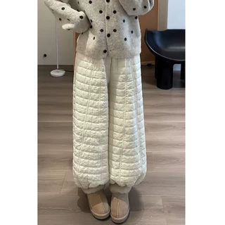 白色夹棉棉裤女冬季2026新款小个子加绒加厚阔腿裤高腰束脚运动裤