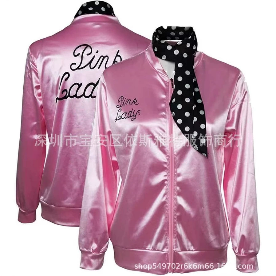 Amazon Foreign Trade Женский стиль 20-го века Розовая супер мягкая атласная куртка с шарфом в горошек