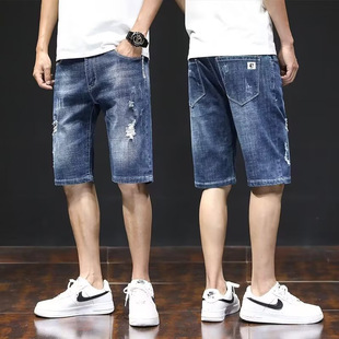 Men's Denim Shorts Summer Trendy Brand Ripped Pants Korean Style Loose Trendy Elastic Casual 5-Point Shorts