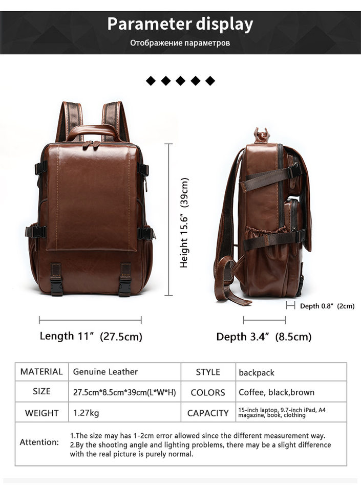 Ba lô da nam da bò thật dung tích lớn 15 inch đựng laptop, ba lô du lịch leo núi ngoài trời chống mài mòn thoáng khí — Cà phê, Màu đen chi tiết 14