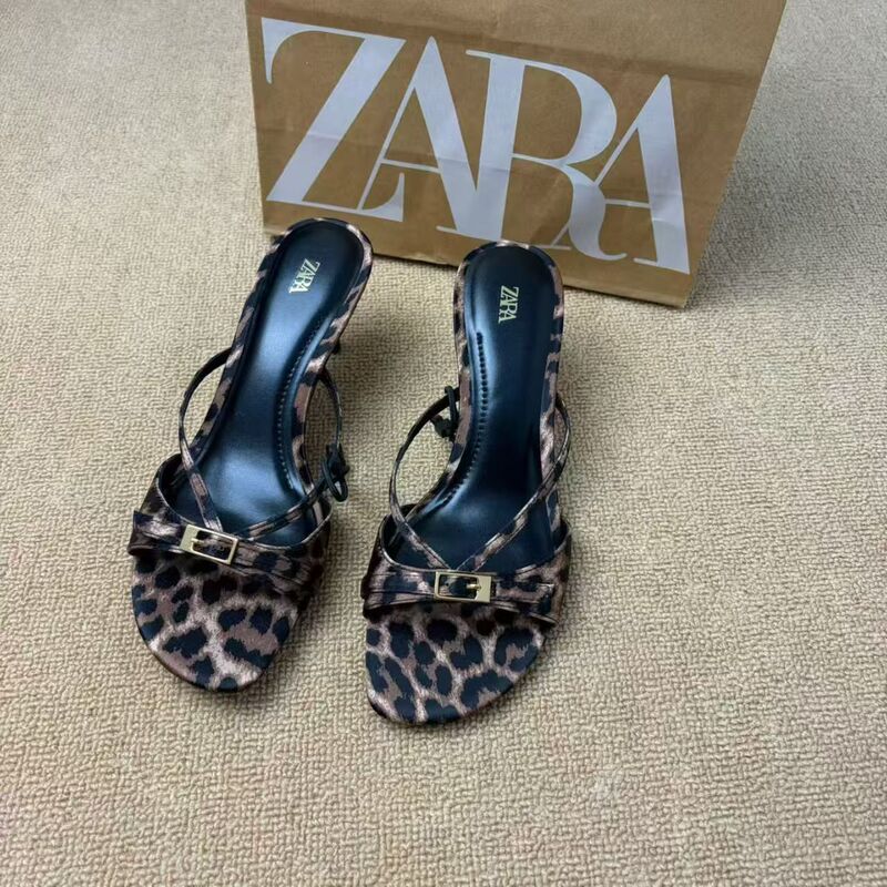 Za New Leopard Print Women's Shoes for Export 5cm Thin High Heel Sandals Women's Printed Round Toe Open-Toe Outdoor Cross-Border Shoes