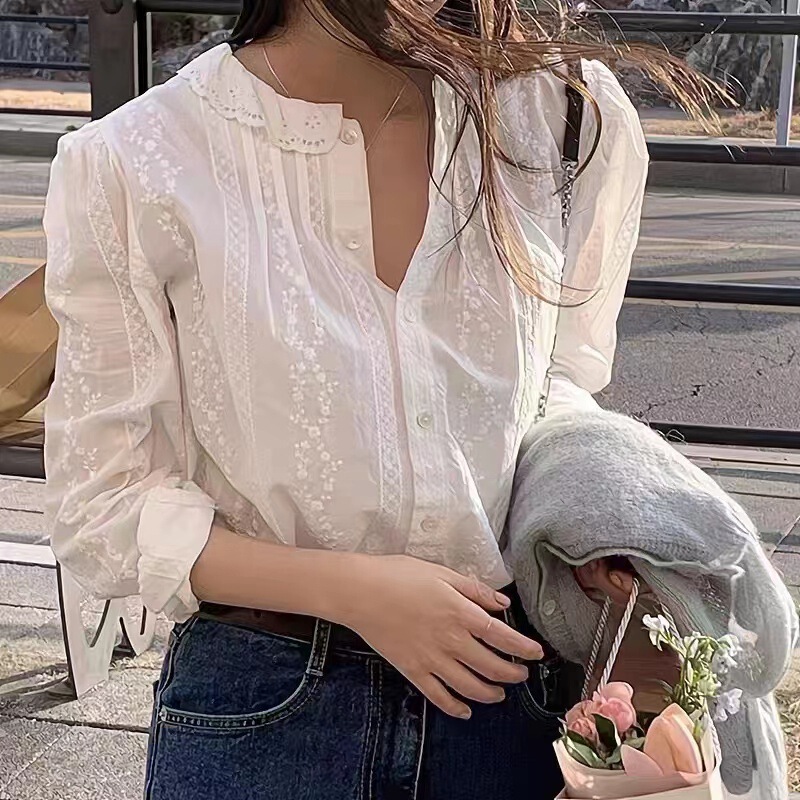 Korean Style Lace Trim Youthful Versatile Slimming Casual Puff Sleeve Unique Design Top Shirt