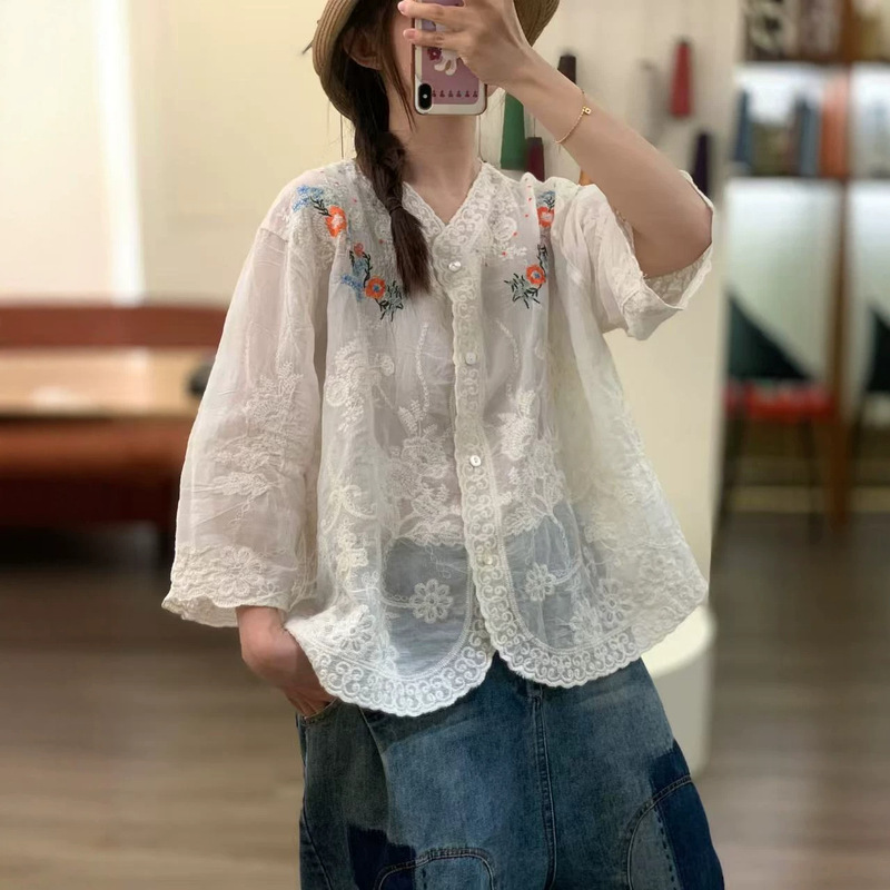 2026 Summer Style Women's Thin Shirt, New Large Version Jacquard Lace Embroidered Shirt, Three-Quarter Sleeve Loose Pure Cotton Top 2026 Summer Style Women's Thin Shirt, New Large Version Jacquard Lace Embroidered Shirt, Three-Quarter Sleeve Loose Pure Cotton Top