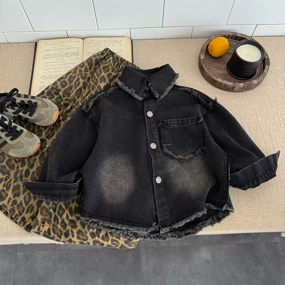 2025秋季新款儿童毛边复古牛仔衬衫外套男童美式街头超酷长袖外套