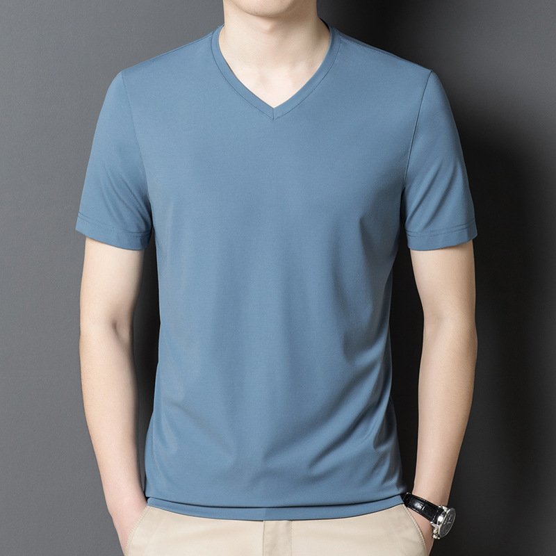 Authentic Silk Short-Sleeve T-Shirt for Men, Thin V-Neck Ice Silk Half-Sleeve, 2026 New Model, Solid Color Casual Tee Authentic Silk Short-Sleeve T-Shirt for Men, Thin V-Neck Ice Silk Half-Sleeve, 2026 New Model, Solid Color Casual Tee
