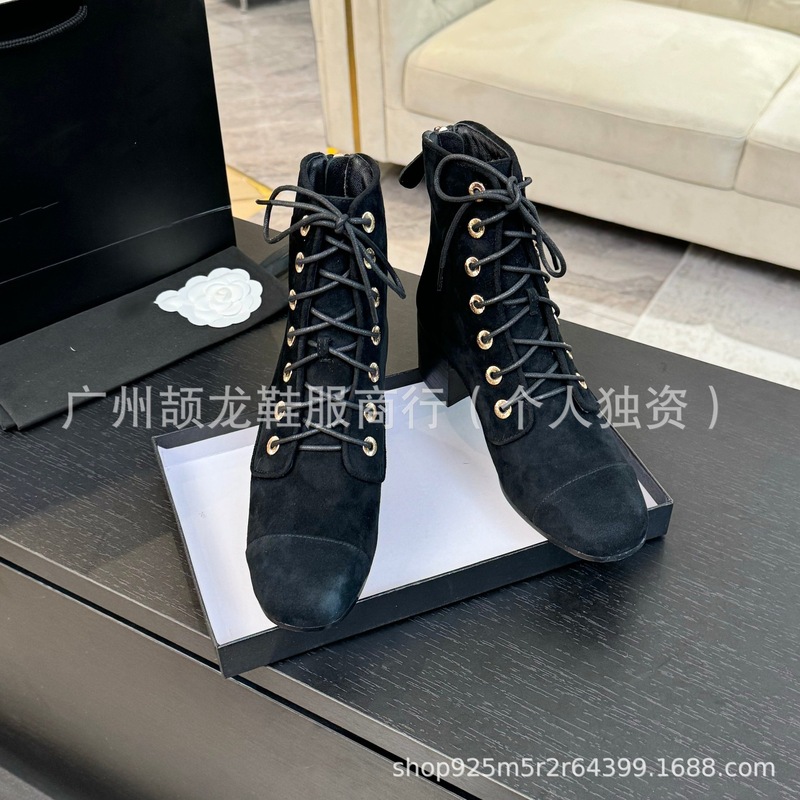高版2025新款小香风真皮圆头拼色系带粗跟高跟短靴时装单靴马丁靴|undefined