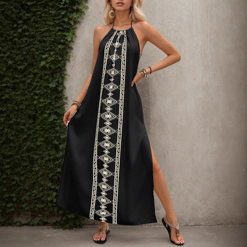 Shein European and American Cross-Border New Summer Women's High-Slit Halter Neck Tie-Back Open-Back Vacation Long Dress