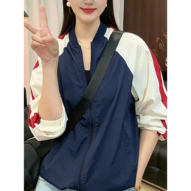 2026 Summer New Arrival Hot Selling Fashionable Patchwork Loose Short Sun Protection Jacket for Women, Versatile Baseball Jacket Top